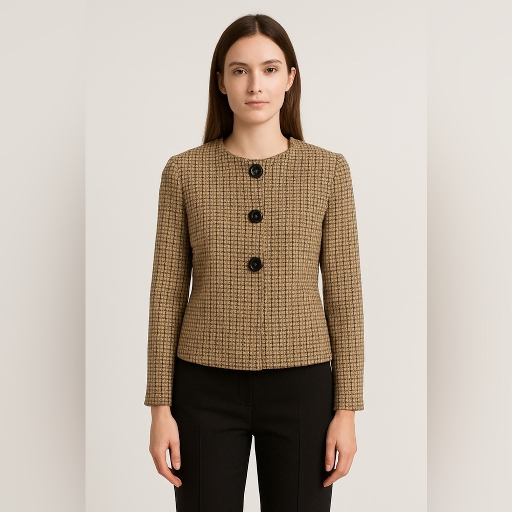 Anne Klein Tweed Check Cropped Blazer‎ Jacket 100% Lamb Wool Size 6